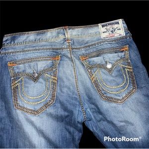 true religion jeans with yellow and orange stitching
